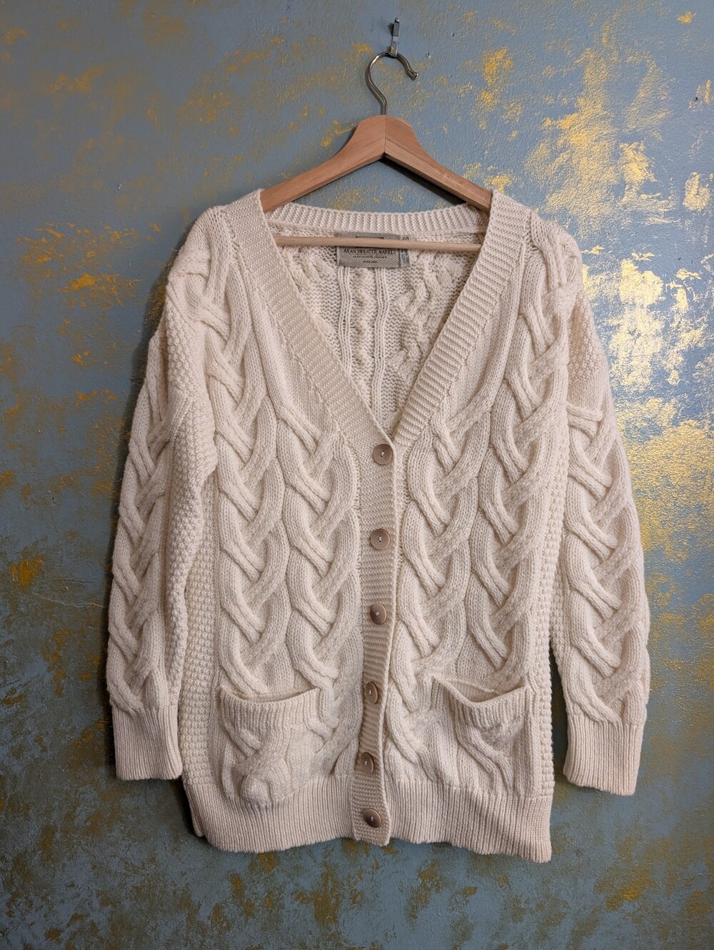 Aran Sweater Market Cable Knit Button-Front Sweater 100% Merino Wool